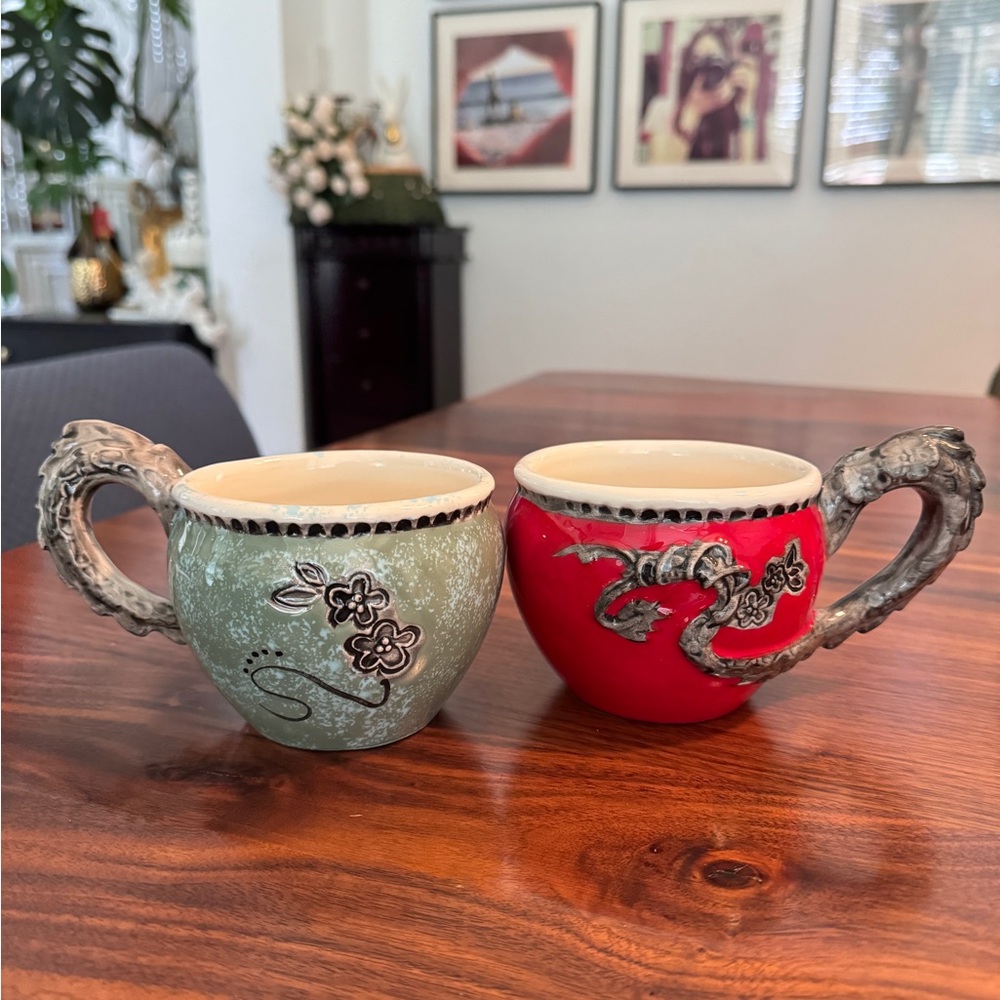 Pair Blue Sky Clayworks Blue/Red Dragon Mug By Arthur Goldmine 8 oz 2012